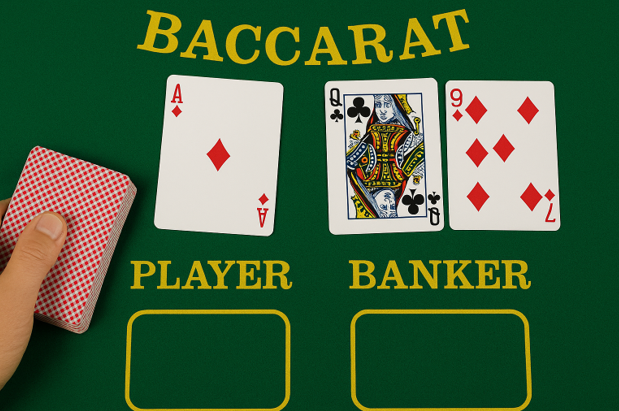 Elegant green baccarat table with banker and player cards displayed during a classic game
