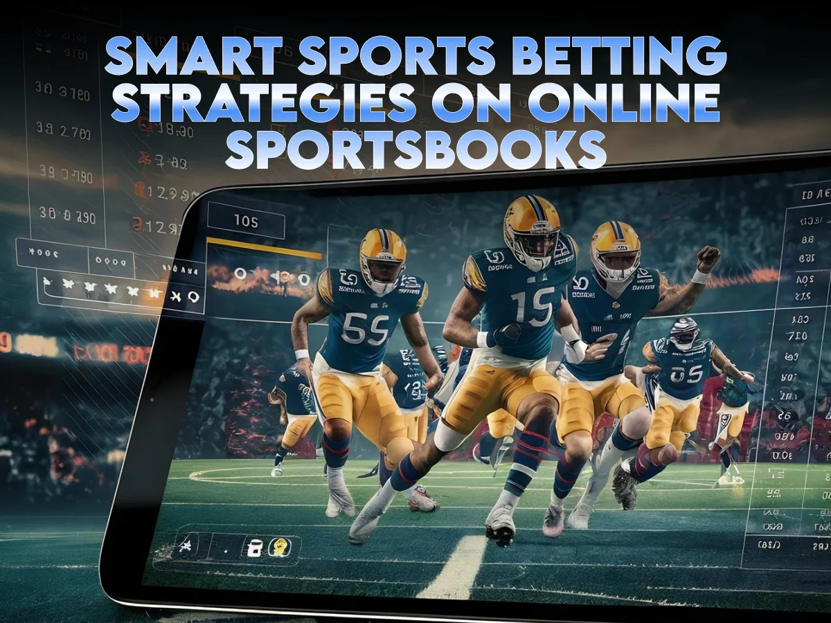 Smart sports betting strategies on online sportsbooks featuring football players and betting stats on a tablet screen.